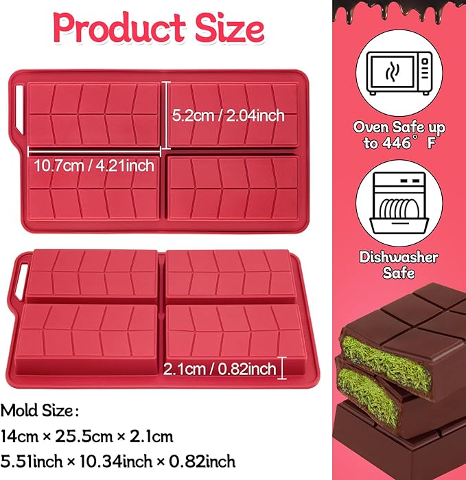 Chocolate Bar Mold 0.82inch Deep 2 Pack,Thick Dubai Stuffed Pistachio Silicone Molds Kit for Making Large Shapes Filling Candy Granola Bar and Pastry
