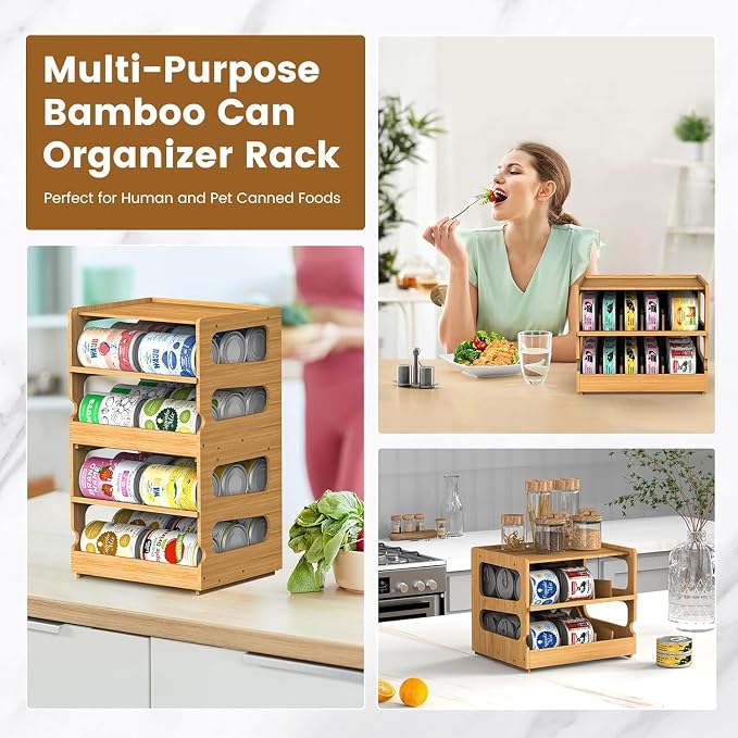 Stackable Bamboo Cat Food Can Organizer, Cat Canned Food Organizer Storage | 2-Tier Adjustable Stacking Can Dispensers, First-In & First-Out System, Holds Up to 36 Cans - for Pantry, Cabinet, Countertop - Image 6