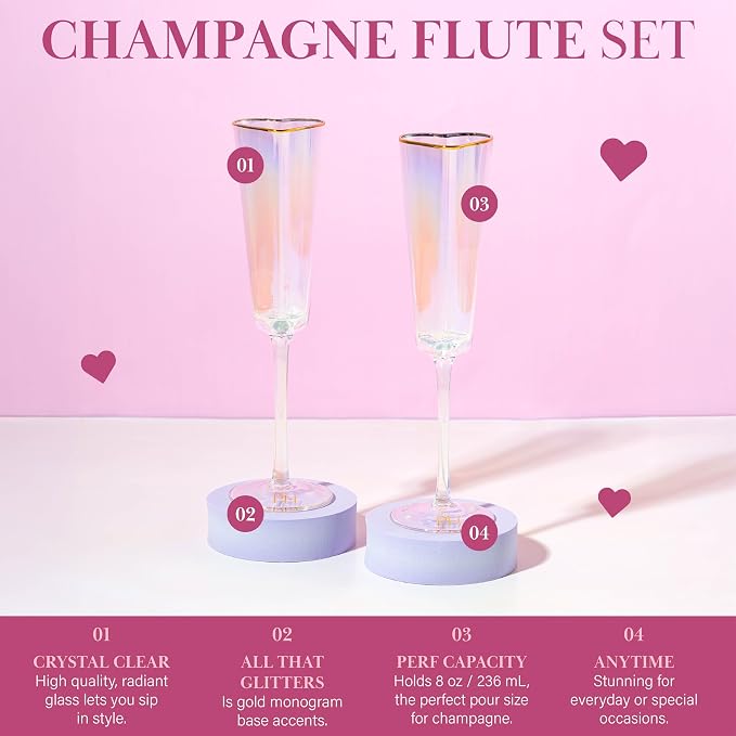 Paris Hilton Heart Shaped Champagne Flute Gift Set, Elegant Handmade Glassware Set, Perfect for Celebrations, Weddings or any Special Occasion, 2-Piece Set, 5.5-Ounce, Iridescent with Gold Rim - Image 3