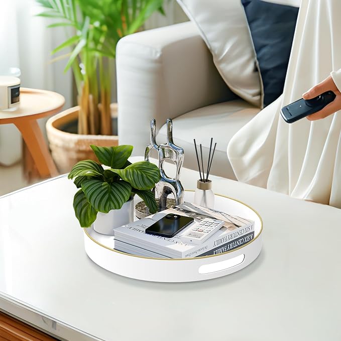 MAONAME 13" White Decorative Tray, Plastic Round Serving Tray with Handles | Decorative Tray for Coffee Table, Modern Ottoman Tray, Circle Tea Tray, Round Melamine Tray for Living Room, Bathroom - Image 5