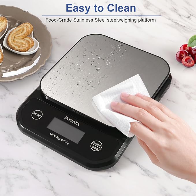 BOMATA Waterproof Kitchen Scale, 0.1g/0.01oz High Precision, 5kg/11lb, Washable, USB Rechargeable, Digital Scale for Food,Cooking, Baking, Weight Loss, Black&Grey