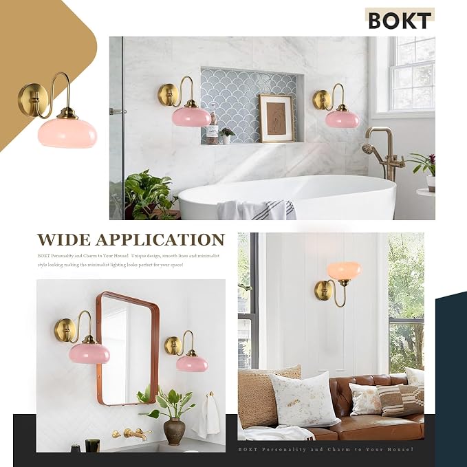 Modern Wall Light Elegant Pink Glass Wall Sconce for Bedroom Gold Semi-Flush Mount Wall Lamp Hardwired for Cafe, Dining Room, Hallway, Indoor Use - Image 9