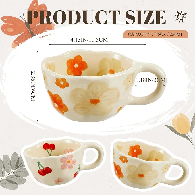 Vesici 2 Pcs Ceramic Coffee Mugs with Spoon, Vintage Floral Spring Mugs with Handle, 8.5 oz Aesthetic Flower Porcelain Tea Cup Set, Dishwasher & Microwave Safe Mothers Day Gifts for Mom(Fresh) - Image 2