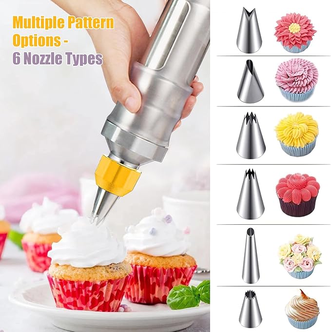 Dessert Decorating Syringe Set, Yellow Icing Decoration Set Stainless Steel Cupcake Injector/Decorating Icing Set with 6 Nozzle, 3 Scrapers, 2 Brushes for Baking Biscuit Cake Decoration (Yellow)