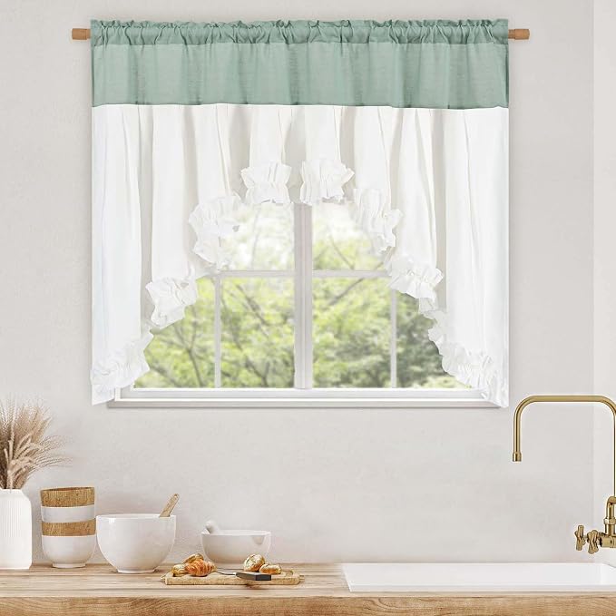 Likiyol Linen Valances for Windows Farmhouse Ruffle Swag Valance Rustic Country Window Valances Light Filtering Kitchen Curtains Rod Pocket Valance Curtains for Bathroom Cafe, Teal White, 60"W x 36"L - Image 9