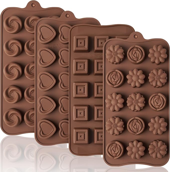Puyeipt Mini Silicone Chocolate Molds, 2 Pack, 60 Cavities | Non-Stick Candy Molds, Bite Size Chocolates, Candies, Truffles, Gummies, Jelly, Heart, Sunflower, Rose, Square, Swirl Shaped by Puyeipt
