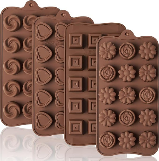 Puyeipt Mini Silicone Chocolate Molds, 2 Pack, 60 Cavities | Non-Stick Candy Molds, Bite Size Chocolates, Candies, Truffles, Gummies, Jelly, Heart, Sunflower, Rose, Square, Swirl Shaped by Puyeipt