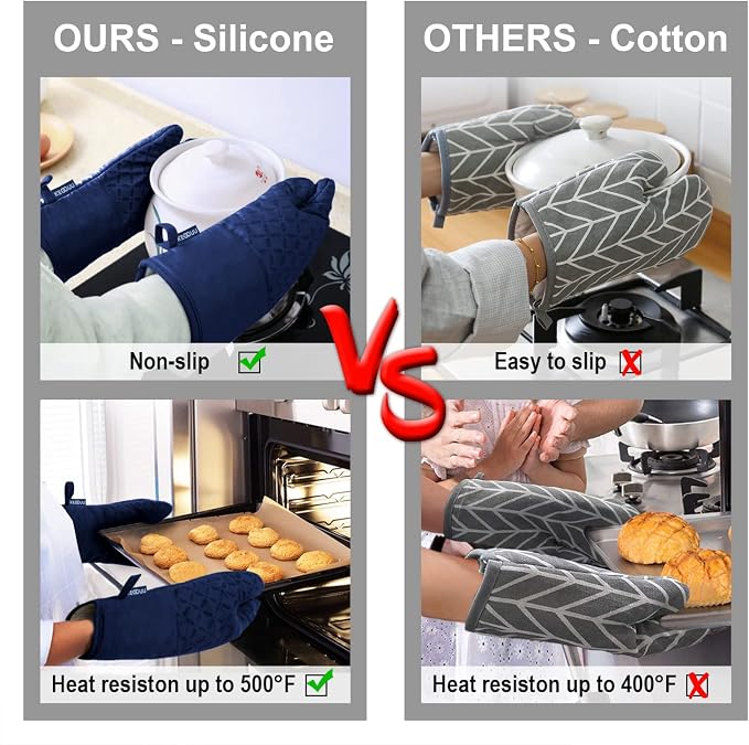 KEGOUU Oven Mitts and Pot Holders 6pcs Set, Kitchen Oven Glove High Heat Resistant 500 Degree Extra Long Oven Mitts and Potholder with Non-Slip Silicone Surface for Cooking(Marine Blue) - Image 5