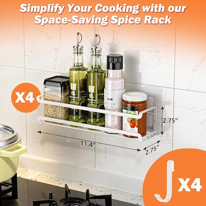 Bunoxea Spice Rack Wall Mounted 4 Pack, White,11.41x2.75x2.75in | 4 Removalble Hooks,Screw or Adhesive Hanging,Space-Saving,For Kitchen Cabinet, Pantry Door,Stove,RV - Image 7