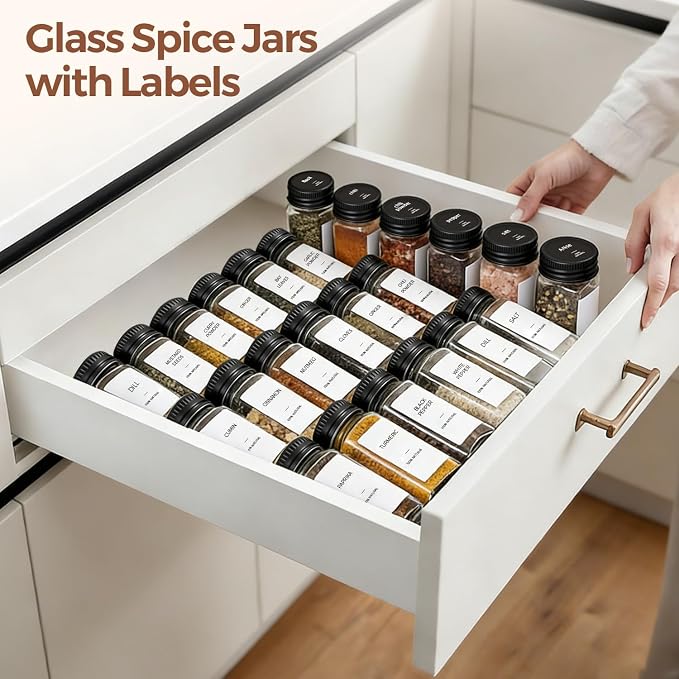ComSaf Glass Spice Jars with with Labels 4 oz 24 Pack Small Square Bulk Set | Empty Containers, Seasoning Herb Powder, Salt Pepper Chili, Spice Rack Organization, Kitchen Cabinet Storage, Funnel Included - Image 8