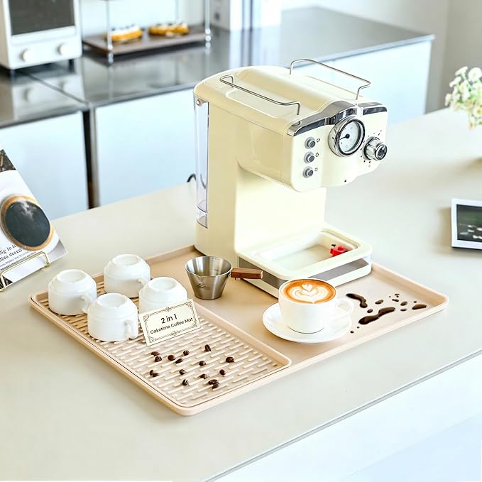 Caketime 2 In 1 Silicone Coffee Bar Mat Accessories for espresso Machine with Detachable Dish Drying Rug Waterproof Kitchen Office House Gadgets Under Sink Drainer 2026 Must Haves 16"x16" Beige by CAKETIME