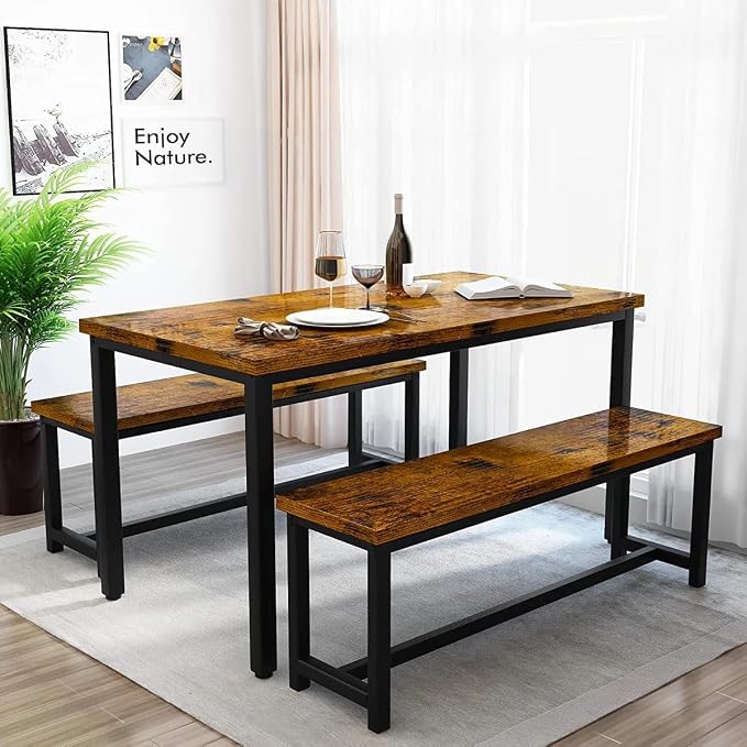 Recaceik Dining Table Set for 4 Kitchen Dining Room Set with 2 Dinner Benches, Farmhouse Breakfast Table for Apartment Small Space, Easy Assembly - Image 3