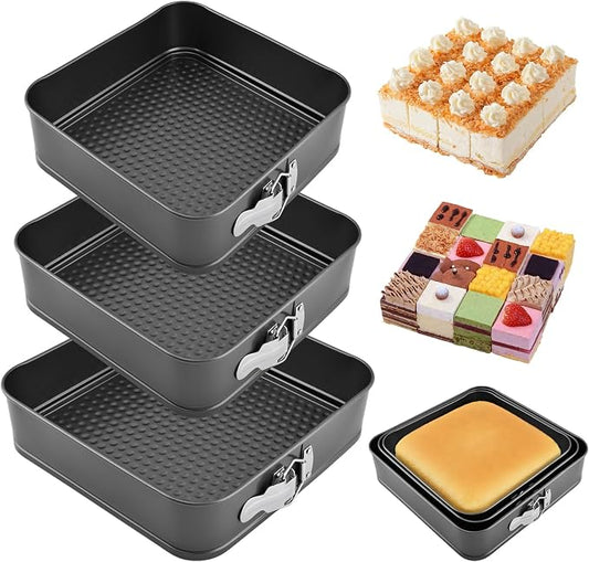 Set of 3 Springform Cake Tins Heavy Duty, Double Layer Non-Stick Coating, Removable Base, Heavy Duty Carbon Steel, Perfect for Frozen Desserts - Oven Safe Bakeware(SIZE:square) by Unknown