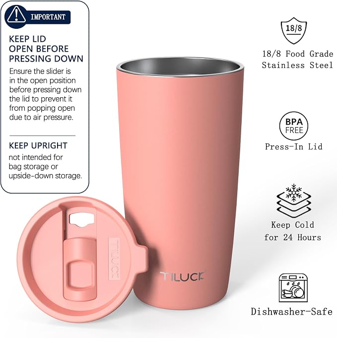 TILUCK 20 oz Insulated Coffee Tumbler with BPA-Free Lid | Travel Coffee Mug, Dishwasher Safe, Cup Holder Friendly, Double-Wall Vacuum Insulation for Hot & Cold Drinks, MatteCoralRed - Image 2