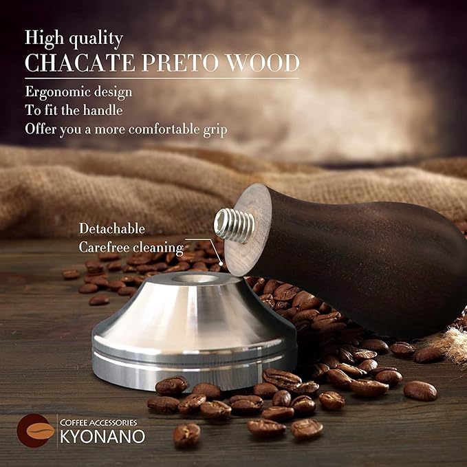 KYONANO Espresso Accessories - Espresso Tamper 51mm - Tamper with Chacate Preto Wood Handle -Coffee Tamper Plus Milk Frothing Pitcher 350ml, Silicone Tamper Mat -Tamper fits 51mm Delonghi Portafilter