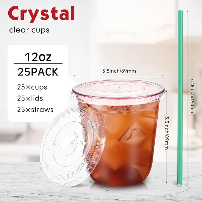 Baderke 25 Set Plastic Cups with Lids and Straws, Disposable Plastic Iced Coffee Cup for Cold Beverage Juice Smoothie Crystal for Coffee Shops Party Catering(Pink,12 oz) - Image 3