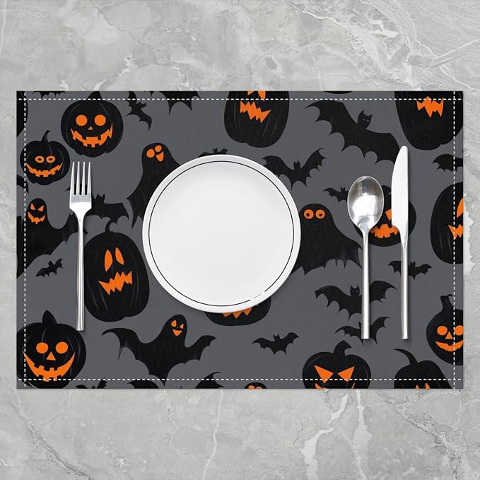 Feelyou Happy Halloween Placemats Set of 4 Horror Ghosts Bats Table Mats Black Gray Orange Place Mat for Kitchen Dining Table Party Decor Indoor Outdoor 18"x12" Non-Slip Easy to Clean Pumpkin Lantern - Image 2