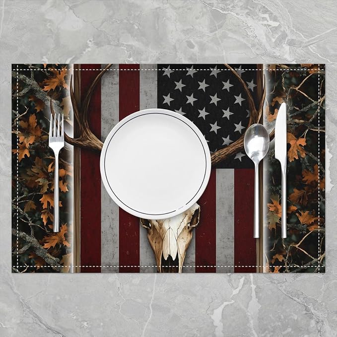 Feelyou Cow Skull Hunting Camo Placemats Set of 4 12x18 Inch Rustic Cabin Table Mats for Party Kitchen Dining Decoration Holiday Seasonal American Flag Place Mat for Dinner Table Indoor Outdoor - Image 2