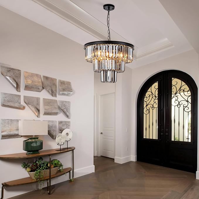8 Light Black Crystal Chandelier 20'' Luxury Smoke Modern Dining Room Light Fixture 3-Tier Round Hanging Pendant Ceiling Lighting for Entryway Foyer Living Room Adjustable Height E12 - Image 4