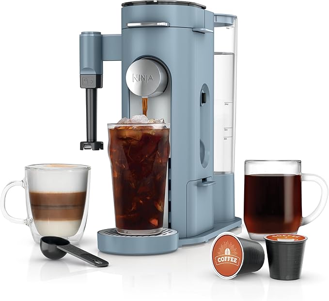 Ninja Pod & Grounds XL Coffee Maker, K-Cup Compatible, Denim Blue, PB055ABL | Brews Grounds, Compact Design, Built-In Milk Frother, 68-oz. Reservoir, 6oz. Cup-24oz. Mug Sizes by Unknown