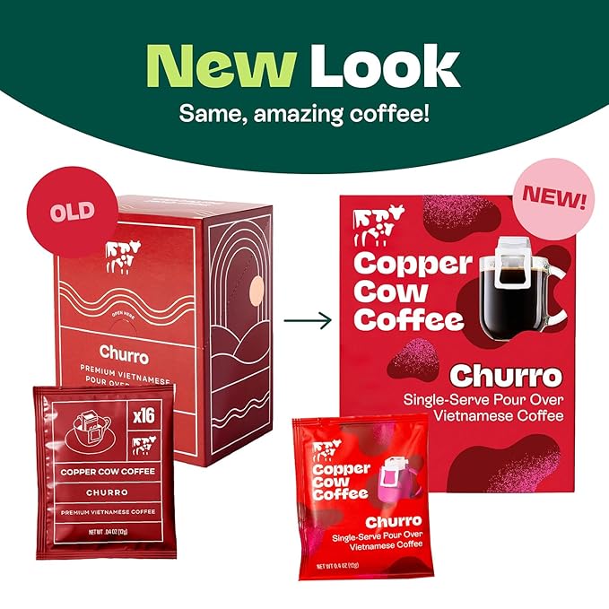 Copper Cow Coffee Premium Pour Over Single-Serve Vietnamese Coffee Pouches (16 pack) | Churro | Dark Roast | Flavored with Real Cinnamon | Convenient Vietnamese Ground Coffee Packets, Travel Friendly