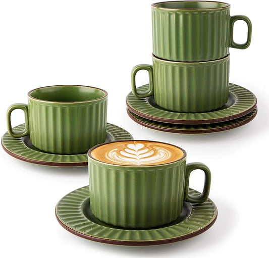 DOWAN Cappuccino Cup Set of 4, 8 OZ Ceramic Coffee Cups with Saucers, Coffee Mugs, Ribbed Espresso & Latte Cups Set, Elegant Stoneware for Home & Café Use by DOWAN