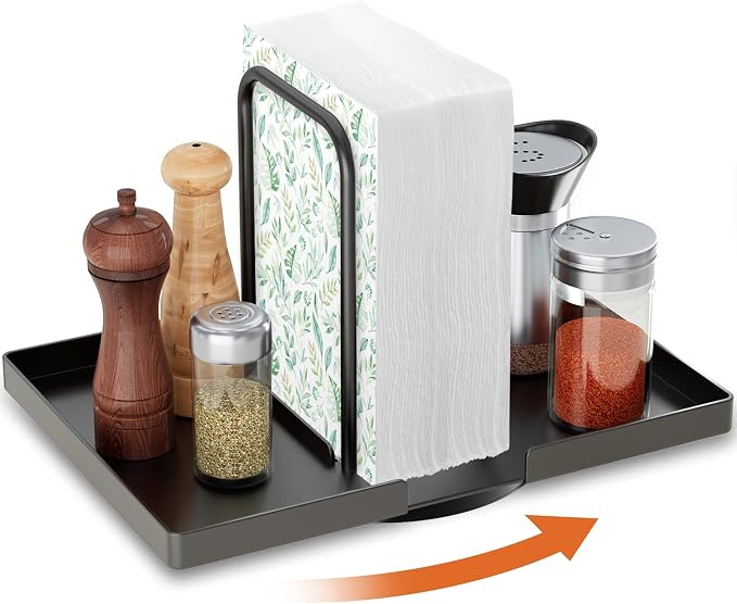 Napkin Holder for Table, Rotating Napkin Dispenser with Salt and Pepper Shakers Storage, Metal Paper Towel Holder for Table, Kitchen Countertop, Dining Table Decor Black Not Including Shakers by Gomyrod