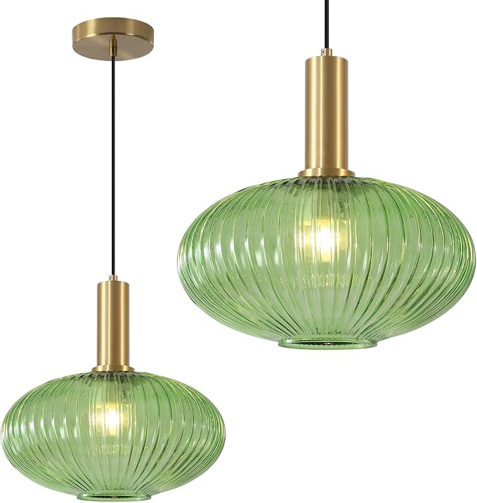 KCO Gold Brass 11.8” Large Vintage Green Ribbed Fluted Glass Pendant Light | E26 Adjustable Lantern Hanging Light for Sloped Ceiling Mid Century Modern Ceiling Light for Kitchen Island Sink Dining Room by KCOLighting