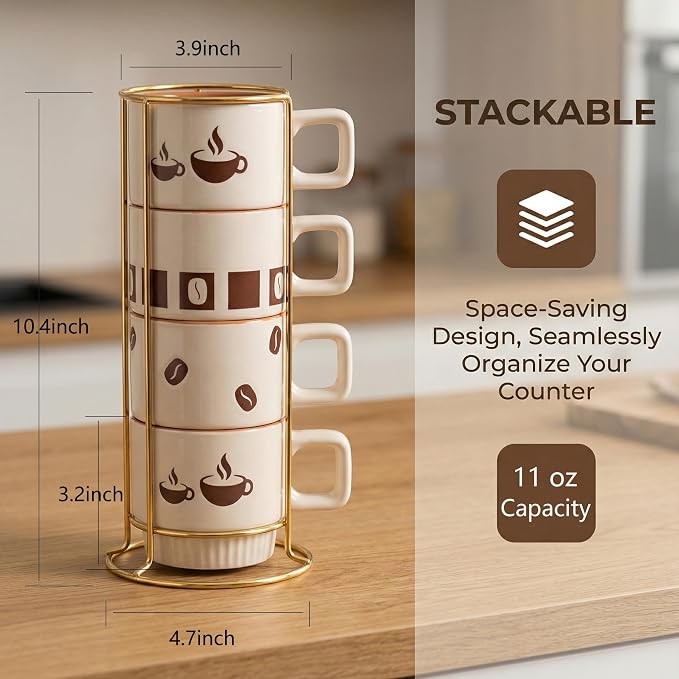 Stackable Coffee Mug Sets of 4 with Rack Tea Cup Set with Spoon 11oz for Coffee, Tea, Cocoa, Cappuccino, Hot Chocolate Ceramic Espresso Cups with Coffee Cup Holder, theme of Trendy - Image 3