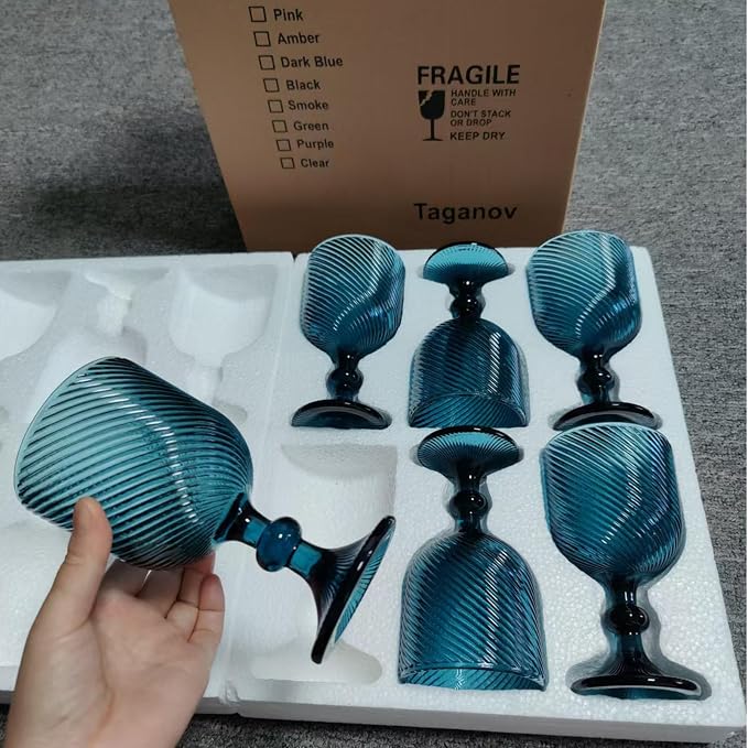 Taganov Blue Water Goblets Glassware Vintage Wine Glasses set of 6 Stem Glasses Drinking Stemware 12 Ounces for Wedding Party Bar Twill pattern 350 ml - Image 9