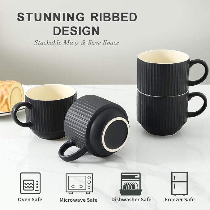 HASENSE Coffee Mug Ceramic Set of 4 with Stand, Stackable Large Latte Cups with Metal Stand, Dishwasher & Microwave Safe, Black for Cappuccino Tea Hot Cocoa - Image 4