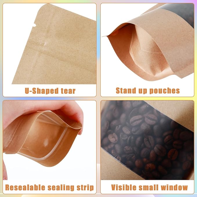 150 Kraft Mylar Bags for Food Storage 6X9 Mylar Bags with Window Candy Packaging Resealable Bags Reclosable Small Stand Up Pouches Edible Packaging, Kraft Paper Bags for Small Business - Image 2