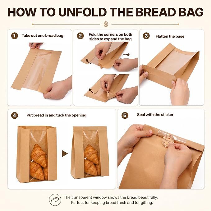 200PCS Large Bread Bags 13.7”x8.3”x3.5” and Cookie Bags 7.8”x7.41” for Homemade Bread and Cookies with Clear Window with 200 Stickers Sourdough Bread Bags for Toast Nuts Candy - Image 2