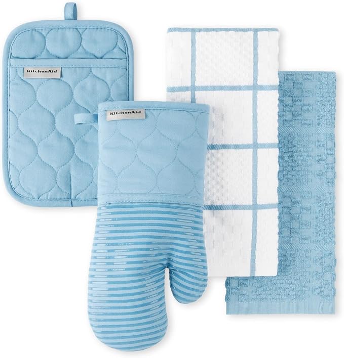 KitchenAid Quilted Cotton Terry Cloth Oven Mitt, Pot Holder, Kitchen Towel 4-Pack Set, Heat Resistant, Silicone Grip, Gift Set, Blue Velvet, 16"x26", 7"x13" & 7"x10" by KitchenAid