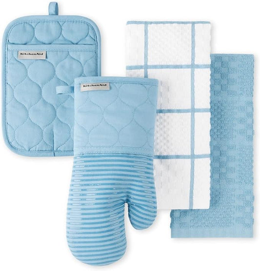 KitchenAid Quilted Cotton Terry Cloth Oven Mitt, Pot Holder, Kitchen Towel 4-Pack Set, Heat Resistant, Silicone Grip, Gift Set, Blue Velvet, 16"x26", 7"x13" & 7"x10" by KitchenAid