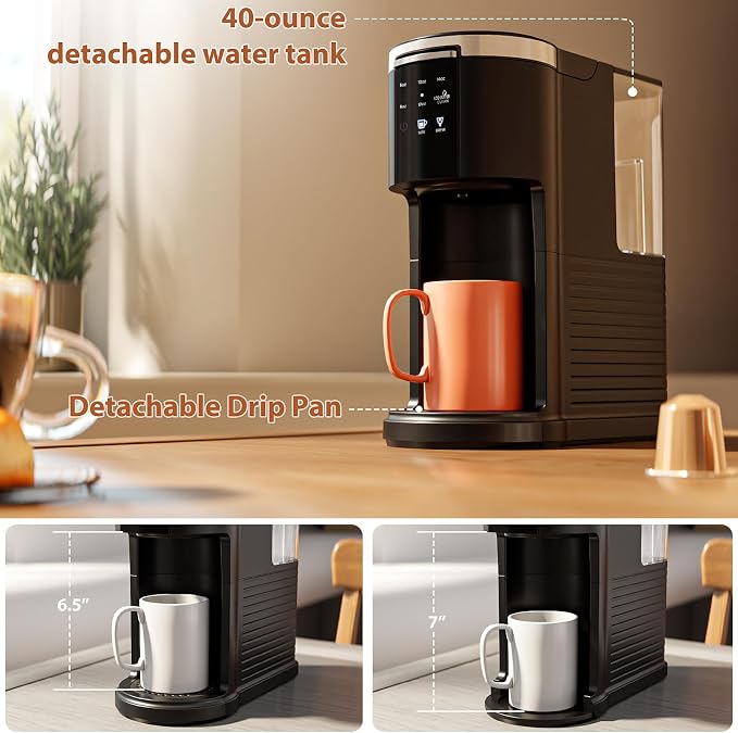 WAA Single Serve Coffee Maker for Capsule & Ground Coffee | Fast Coffee Machine with Memory Function, 6 to 14 oz Brew Sizes, 40 oz Removable Water Tank for Home/Office/RV, Black - Image 7