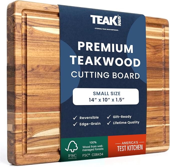 Teakhaus Carving Board with Juice Groove - Small (S) Teak Wood Cutting Board 14”L x 10”W x 1” Thick - Lightweight, Sustainably Harvested & FSC Certified - Knife Friendly with Beeswax Oil Finish by TEAKHAUS