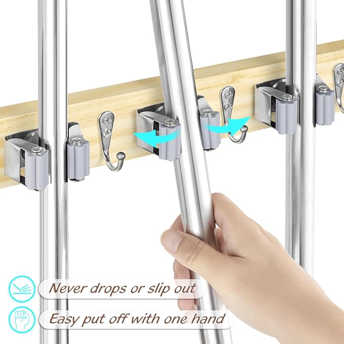 OUTNILI Mop and Broom Holder Wall Mount - Light Wood Broom Mop Hanger - Wall Mounted Garden Tool Rack Organizer for Closet Garage Laundry Room Kitchen With 4 Slots & 4 Hooks - Image 2