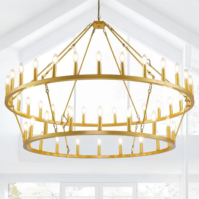 55 Inch Gold Wagon Wheel Chandelier,2 Tier 48-Lights Farmhouse Chandelier for Living Room,Round Rustic Dining Room Light Fixture,Extra Large Foyer Chandeliers for High Ceilings,for Staircase,Entryway by SofaFurniture
