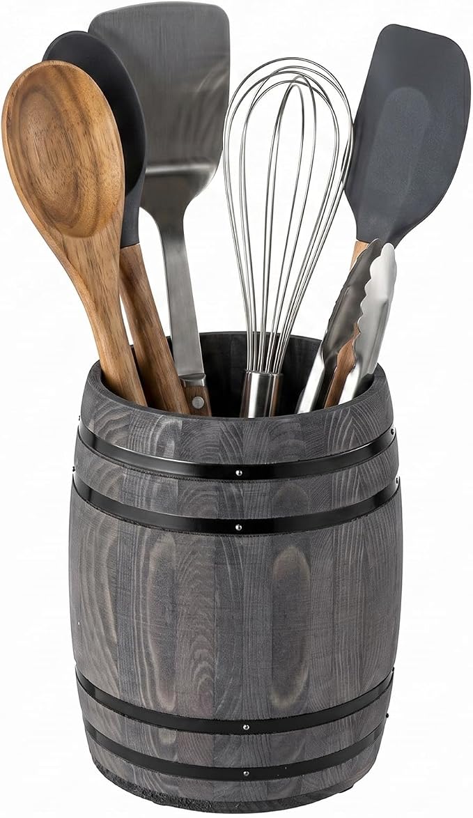 MyGift Wine Barrel Design Kitchen Utensil Crock, Vintage Gray Solid Wood Cooking Tool Holder | Add rustic charm to your kitchen with a solid wood utensil crock featuring a wine barrel-inspired design for cooking tools by MyGiftHome