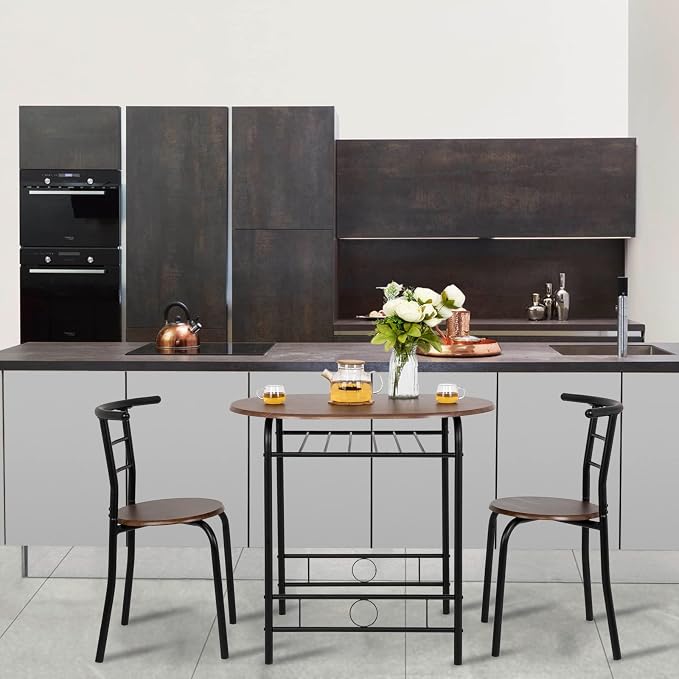 VINGLI 3 Piece Dining Set,Small Kitchen Table Set for 2,Breakfast Table Set for 2,Kitchen Wooden Table and 2 Chairs for Small Space/Dining Room/Apartment,Metal Frame,Wine Rack,Black&Walnut - Image 4