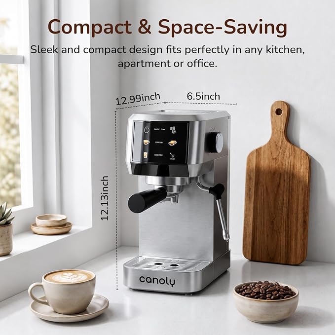 Canoly 2-in-1 Espresso Machine, Cold Brew Maker, 20 Bar Pump, Touchscreen | Steam Milk Frother for Cappuccino and Latte, Compact Home Espresso Maker, 9 Bar Extraction, Fast Heating, Easy Cleaning - Image 8