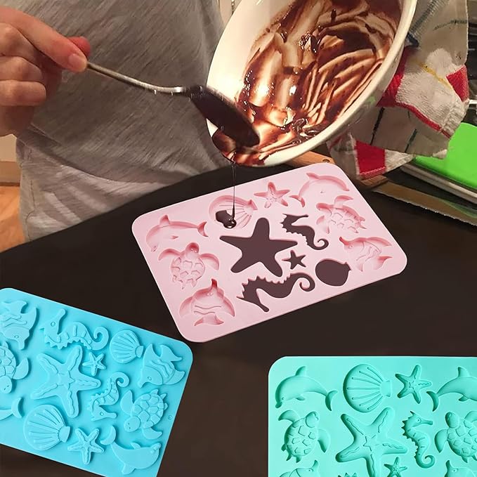 3Pcs Marine Themed Silicone Mold, Non-stick Ocean Animal Cake Baking Molds for Chocolate Candy Fondant Cupcake Cookie Dessert DIY Cake Decoration Suppies