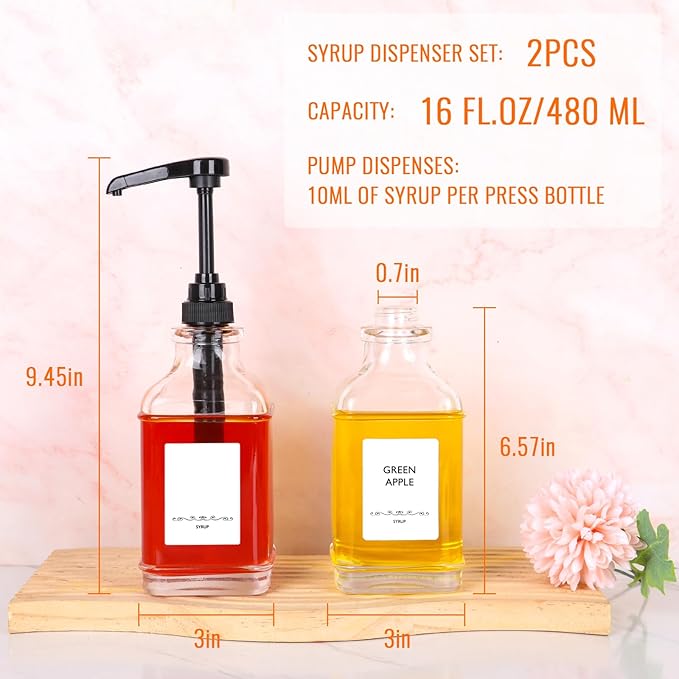 SZUAH 16oz Coffee Syrup Dispensers for Coffee Bar 2Pack, 480ml Glass Syrup Dispensers with Pumps and Stickers for Ketchup,Water and Lotion