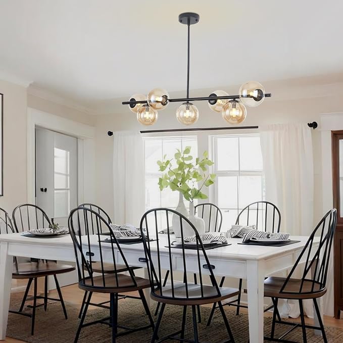 Mid Century Modern Linear Chandelier, 7-Light Black Pendant Light with Amber Glass Globes, Dimmable Kitchen Island Lighting Dining Room Light Fixtures Over Table for Living Room, Entryway & Bedroom - Image 5
