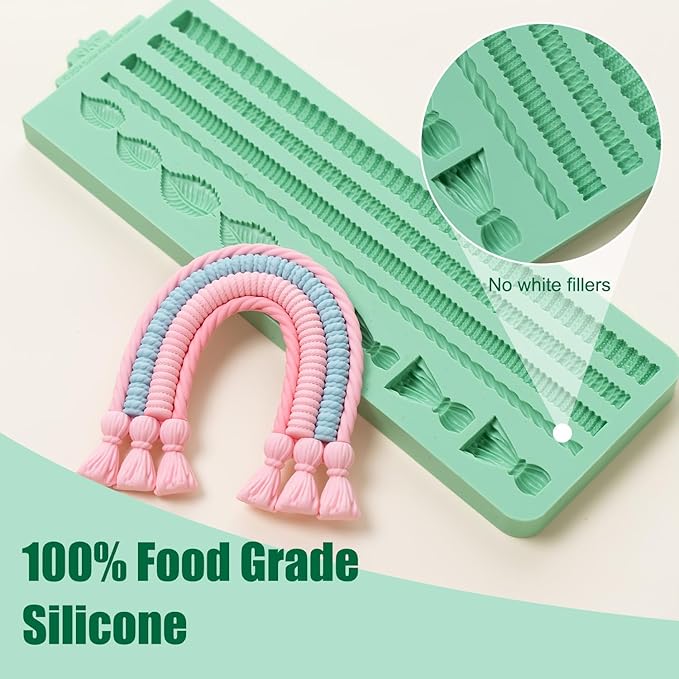 KALAIEN Hemp Rope Fondant Mold, Pearl Knit Rope Silicone Mold Macrame Tassel Cake Decorating for Baking Cookies, Clay Molds, Sugarcraft, Chocolate, Candy, Pastry Molds (Hemp Rope)
