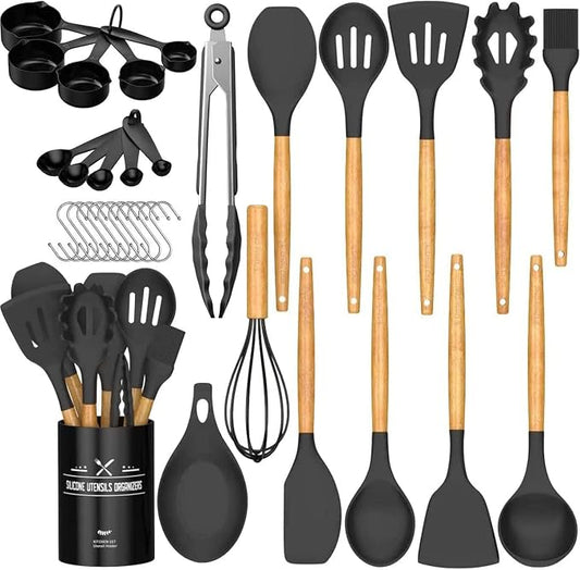 Umite Chef Kitchen Cooking Utensils Set, 33 pcs Non-Stick Silicone Cooking Kitchen Spatula Set with Holder, Wooden Handle Silicone Kitchen Gadgets Utensil Set (Black) by UmiteChef