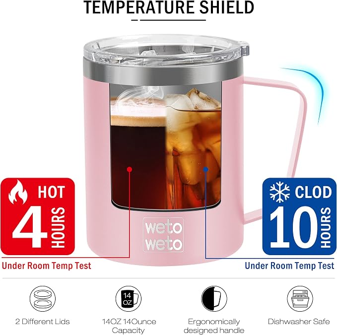 WETOWETO 14 oz Coffee Mug, Vacuum Insulated Camping Mug with Lid, Double Wall Stainless Steel Travel Tumbler Cup, Coffee Mugs Outdoor, Powder Coated Ice Pink - Image 4