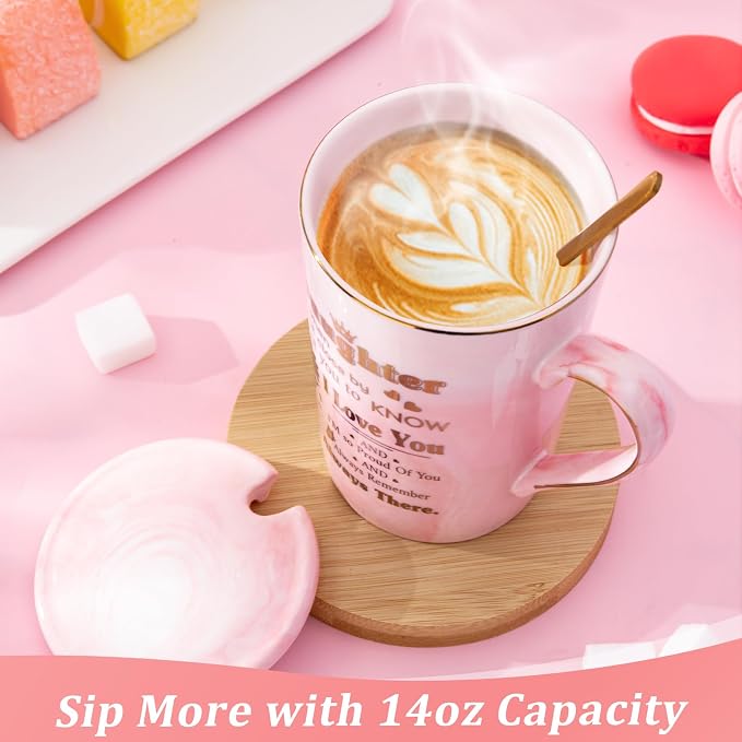Daughter Birthday Gifts from Mom Dad - Unique 14oz Pink Marble Gold Print Coffee Mug, Lid, Spoon, Greeting Card, Presents for Wedding Blessing, Thanksgiving, Valentines, Graduation, Nice Gift Boxed - Image 4