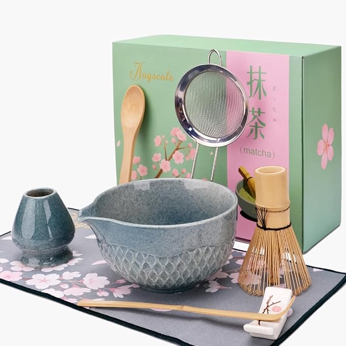 Joyscale Matcha Whisk Set, Matcha Set Whisk And Bowl, 8 Pcs Matcha Kit Set(Texture Design), 16 OZ, Japanese Matcha Tea Set, Matcha Making Kit Gifts for Tea Lovers(Sapphire Blue)